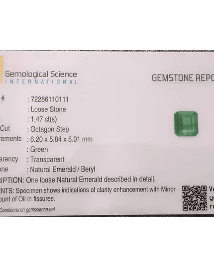 GSI Certified 1.47ct Medium Deep Green Emerald , 100% Natural Earth Mined Gemstone - SMSGEMS 
