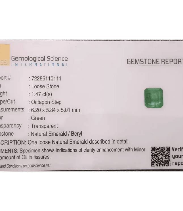 GSI Certified 1.47ct Medium Deep Green Emerald , 100% Natural Earth Mined Gemstone - SMSGEMS 