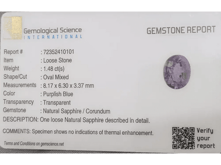 GSI Certified 1.48ct Purple Blue Ceylon Sapphire, Natural untreated Gemstone - SMSGEMS 