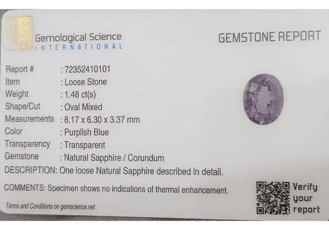 GSI Certified 1.48ct Purple Blue Ceylon Sapphire, Natural untreated Gemstone - SMSGEMS 
