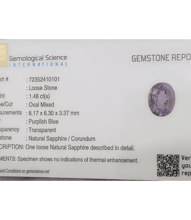GSI Certified 1.48ct Purple Blue Ceylon Sapphire, Natural untreated Gemstone - SMSGEMS 