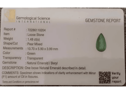 GSI Certified 1.48ct Vivid Green Zambian Emerald , Natural Earth Mined Gemstone - SMSGEMS 