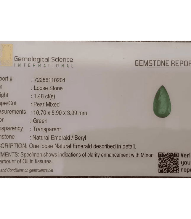 GSI Certified 1.48ct Vivid Green Zambian Emerald , Natural Earth Mined Gemstone - SMSGEMS 