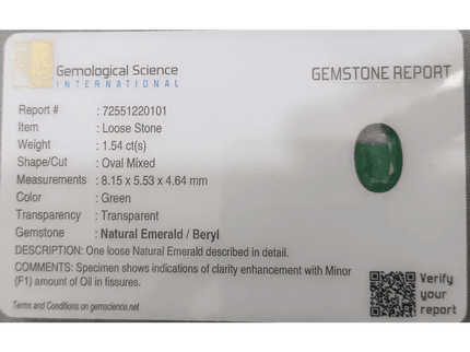 1.54ct Intense Green Emerald GSI Certified - SMSGEMS 