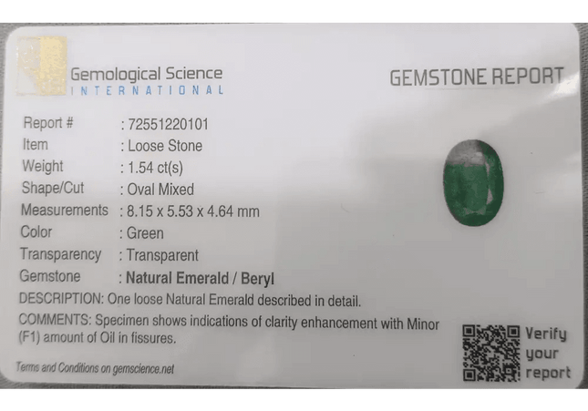 1.54ct Intense Green Emerald GSI Certified - SMSGEMS 