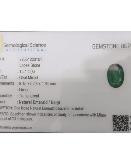 1.54ct Intense Green Emerald GSI Certified - SMSGEMS 