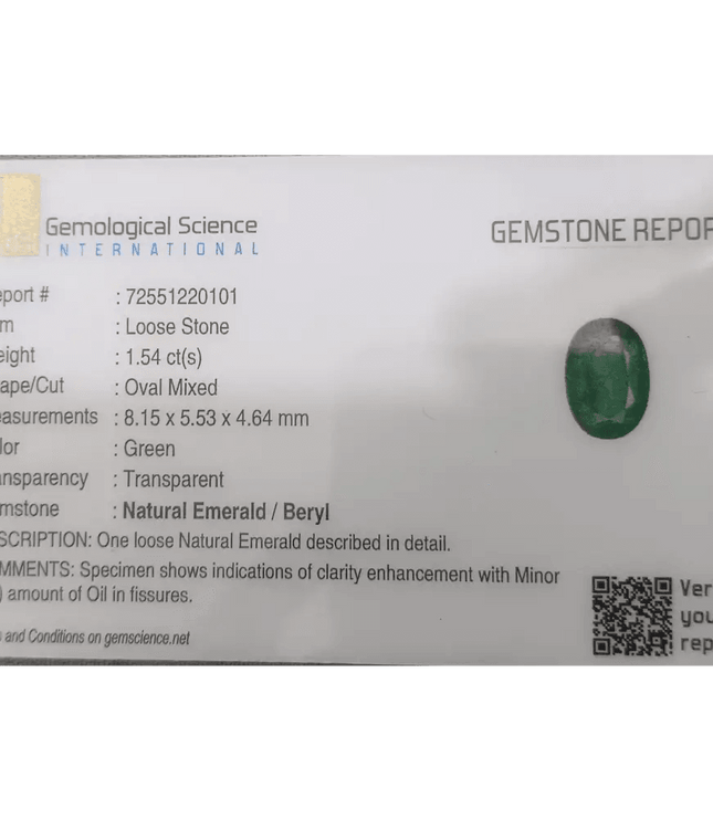 1.54ct Intense Green Emerald GSI Certified - SMSGEMS 