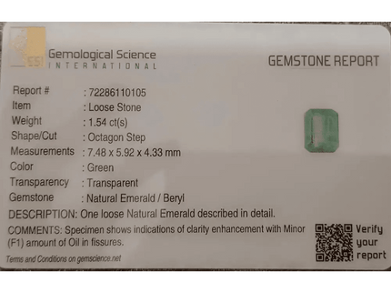 GSI Certified 1.54ct Pastel Green Emerald , 100% Natural Earth Mined Gem. - SMSGEMS 