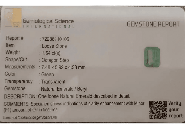 GSI Certified 1.54ct Pastel Green Emerald , 100% Natural Earth Mined Gem. - SMSGEMS 