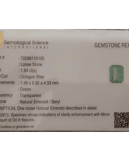 GSI Certified 1.54ct Pastel Green Emerald , 100% Natural Earth Mined Gem. - SMSGEMS 