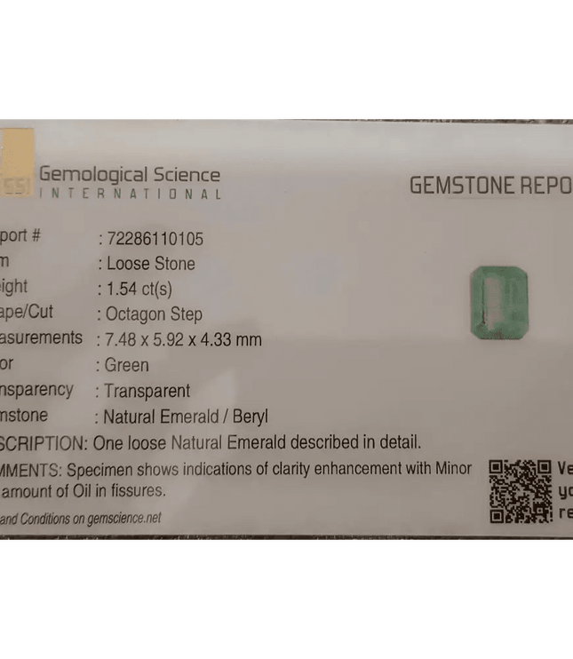 GSI Certified 1.54ct Pastel Green Emerald , 100% Natural Earth Mined Gem. - SMSGEMS 