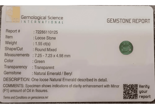 GSI Certified 1.55ct Medium Deep Bright Green Swat Emerald , 100% Natural Earth Mined Gemstone - SMSGEMS 