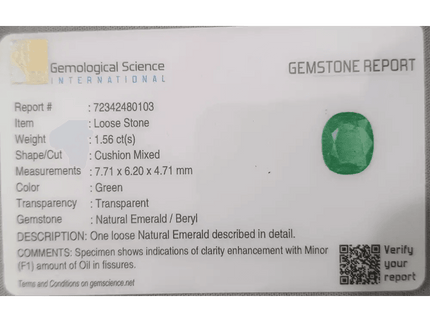 GSI Certified 1.56ct Colombian Emerald, 100% Natural Gemstone - SMSGEMS 