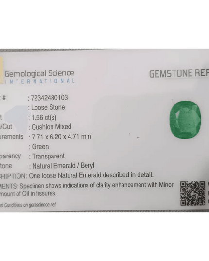 GSI Certified 1.56ct Colombian Emerald, 100% Natural Gemstone - SMSGEMS 