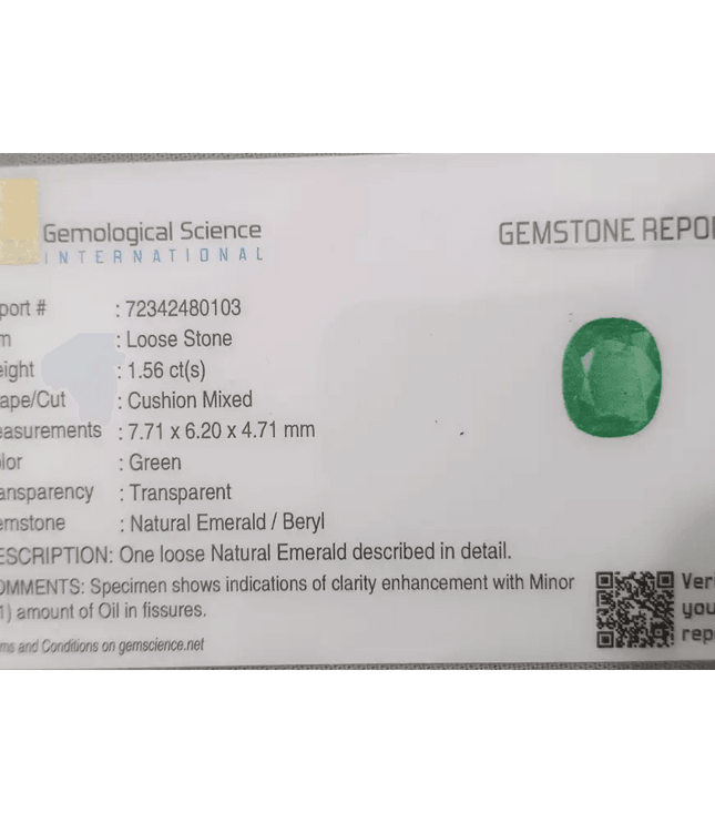 GSI Certified 1.56ct Colombian Emerald, 100% Natural Gemstone - SMSGEMS 