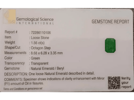 GSI Certified 1.56ct Medium Intense Green Emerald, 100% Natural Gemstone - SMSGEMS 