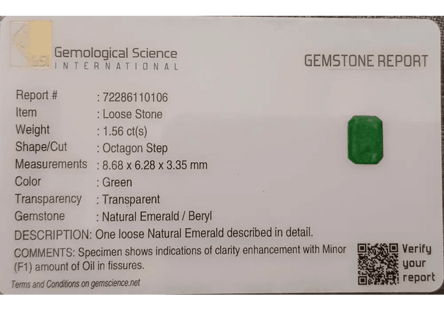 GSI Certified 1.56ct Medium Intense Green Emerald, 100% Natural Gemstone - SMSGEMS 