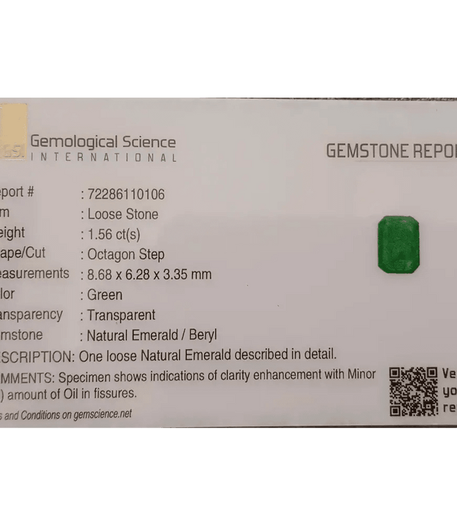 GSI Certified 1.56ct Medium Intense Green Emerald, 100% Natural Gemstone - SMSGEMS 