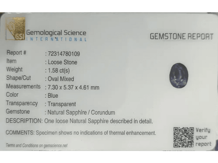 GSI Certified 1.58ct Deep Blue Ceylon Sapphire, Natural Untreated Gemstone - SMSGEMS 