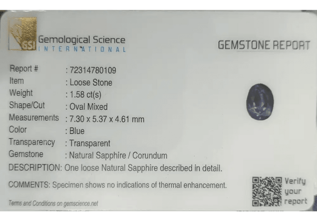 GSI Certified 1.58ct Deep Blue Ceylon Sapphire, Natural Untreated Gemstone - SMSGEMS 