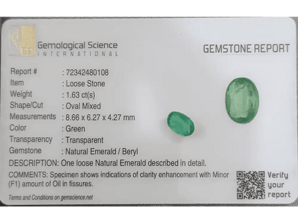 GSI Certified 1.63ct Colombian Emerald, Natural Gemstones - SMSGEMS 