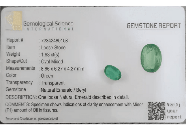 GSI Certified 1.63ct Colombian Emerald, Natural Gemstones - SMSGEMS 