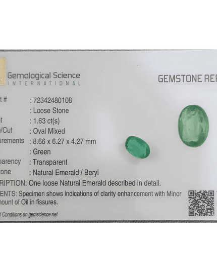 GSI Certified 1.63ct Colombian Emerald, Natural Gemstones - SMSGEMS 