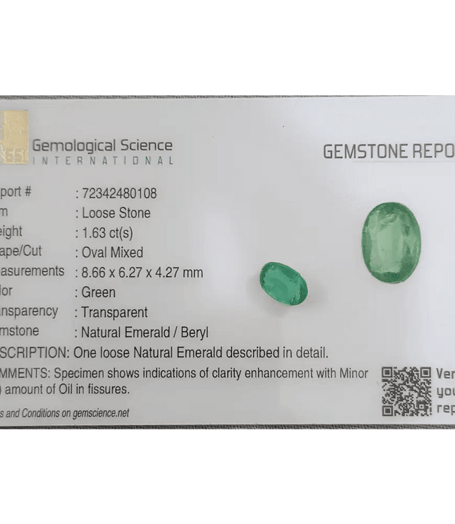GSI Certified 1.63ct Colombian Emerald, Natural Gemstones - SMSGEMS 