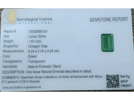 GSI Certified 1.64ct AAA Grade Zambian Emerald , 100% Natural Earth Mined Gem. - SMSGEMS 