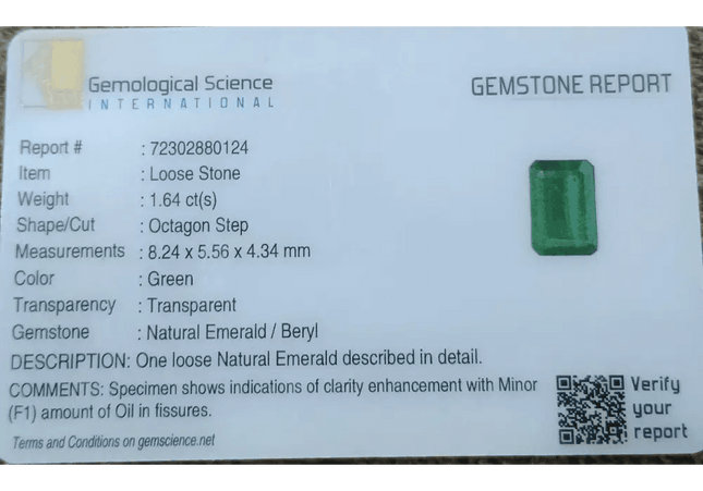 GSI Certified 1.64ct AAA Grade Zambian Emerald , 100% Natural Earth Mined Gem. - SMSGEMS 