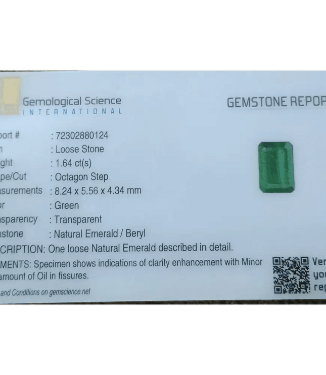GSI Certified 1.64ct AAA Grade Zambian Emerald , 100% Natural Earth Mined Gem. - SMSGEMS 