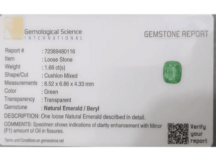 1.66ct Medium Electric Green Emerald GSI Certified Gemstone - SMSGEMS 