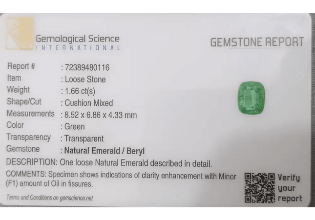 1.66ct Medium Electric Green Emerald GSI Certified Gemstone - SMSGEMS 
