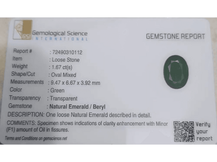 GSI Certified 1.67ct Deep Glass Green Emerald , Natural Earth Mined Gemstone - SMSGEMS 