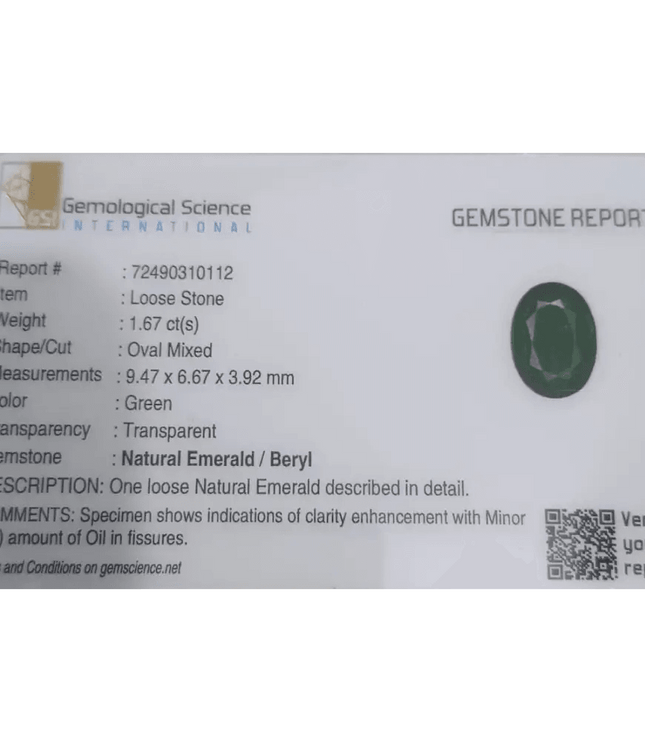 GSI Certified 1.67ct Deep Glass Green Emerald , Natural Earth Mined Gemstone - SMSGEMS 