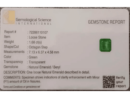 GSI Certified 1.68ct Velvet Green Swat Emerald , 100% Natural Earth Mined Gemstone - SMSGEMS 