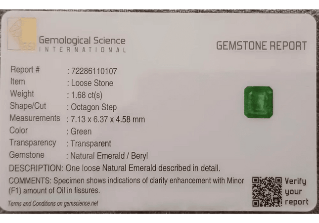 GSI Certified 1.68ct Velvet Green Swat Emerald , 100% Natural Earth Mined Gemstone - SMSGEMS 
