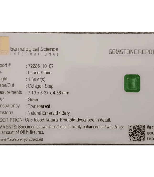 GSI Certified 1.68ct Velvet Green Swat Emerald , 100% Natural Earth Mined Gemstone - SMSGEMS 