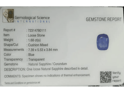 GSI Certified 1.68ct Blue Ceylon Sapphire, Natural Untreated Gemstone - SMSGEMS 