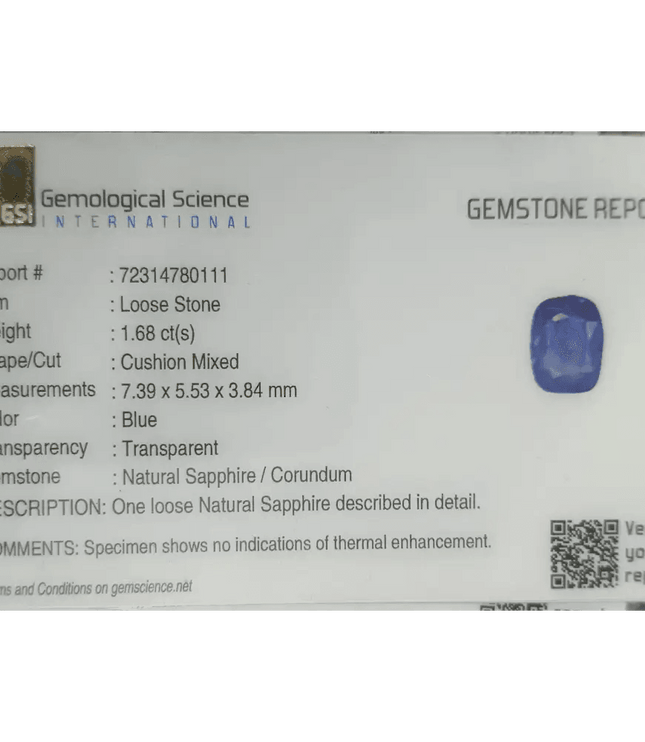 GSI Certified 1.68ct Blue Ceylon Sapphire, Natural Untreated Gemstone - SMSGEMS 