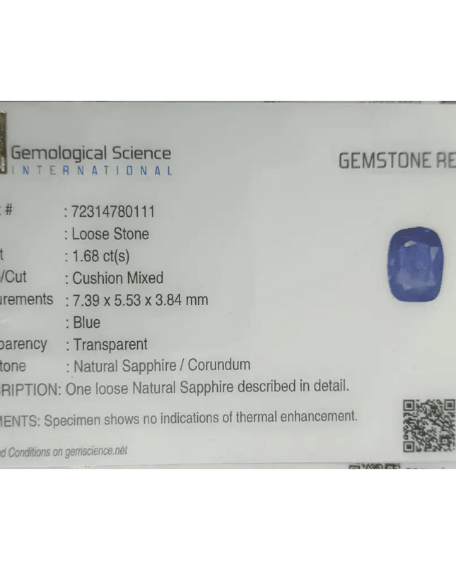 GSI Certified 1.68ct Blue Ceylon Sapphire, Natural Untreated Gemstone - SMSGEMS 