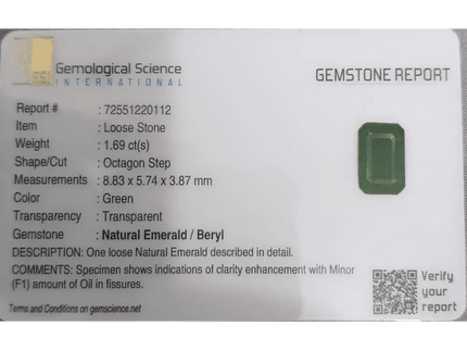 1.69ct Deep Green Emerald GSI Certified - SMSGEMS 