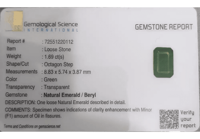 1.69ct Deep Green Emerald GSI Certified - SMSGEMS 