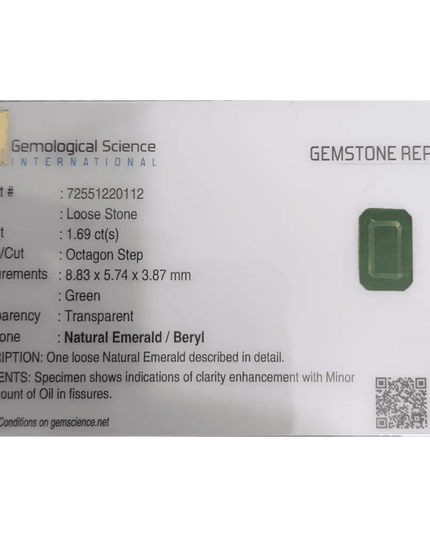 1.69ct Deep Green Emerald GSI Certified - SMSGEMS 