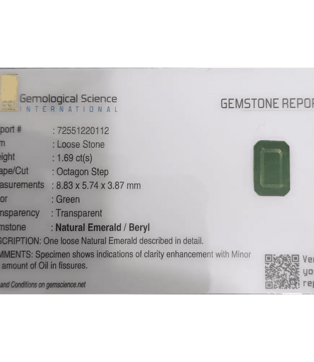 1.69ct Deep Green Emerald GSI Certified - SMSGEMS 