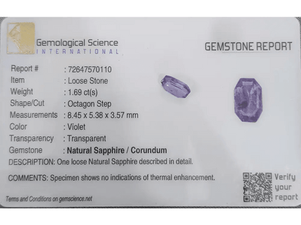 1.69ct Natural Violet Blue Sapphire GSI Certified Gemstone - SMSGEMS 