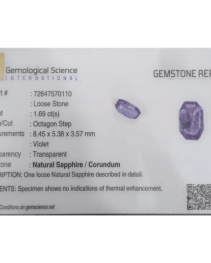 1.69ct Natural Violet Blue Sapphire GSI Certified Gemstone - SMSGEMS 