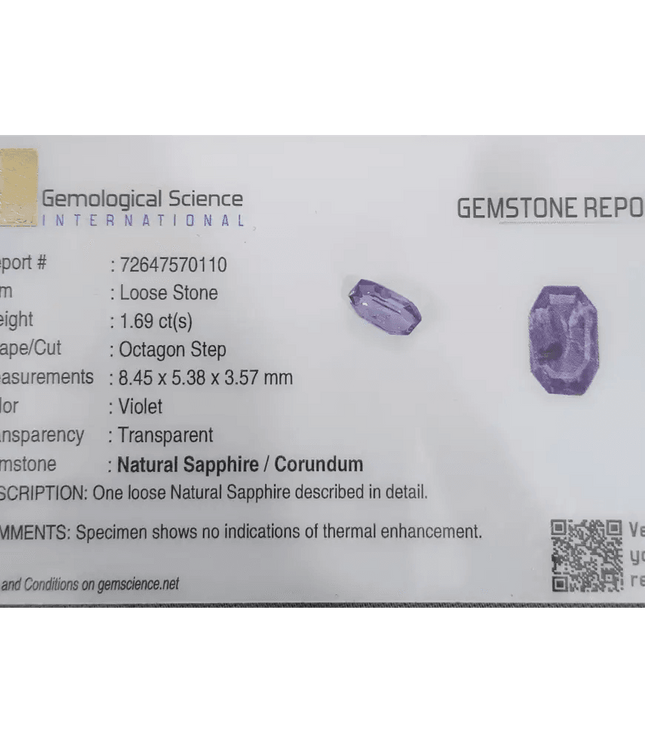 1.69ct Natural Violet Blue Sapphire GSI Certified Gemstone - SMSGEMS 
