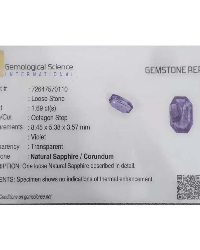 1.69ct Natural Violet Blue Sapphire GSI Certified Gemstone - SMSGEMS 