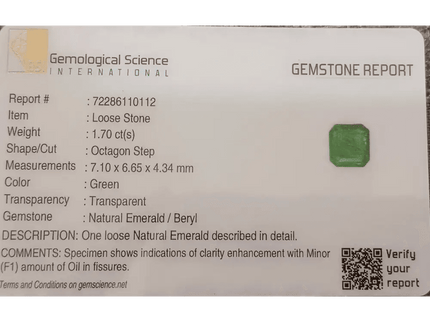 GSI Certified 1.70ct Medium İntense Green Swat Emerald , 100% Natural Earth Mined Gemstone - SMSGEMS 